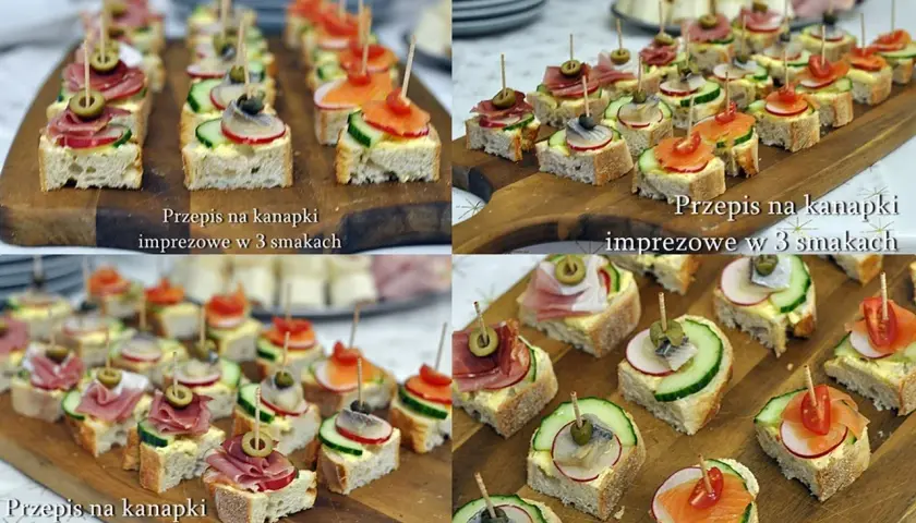 Kolorowe kanapki na imprezę z łososiem, szynką, ogórkiem i oliwkami. Idealne na przyjęcie.