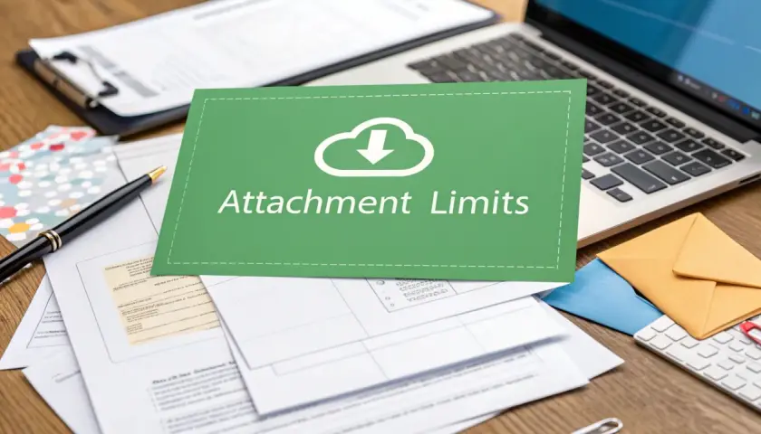 Tarjeta verde con "Attachment Limits" y nube con flecha. Pregunta: ¿cuantos megas se pueden enviar por Outlook?