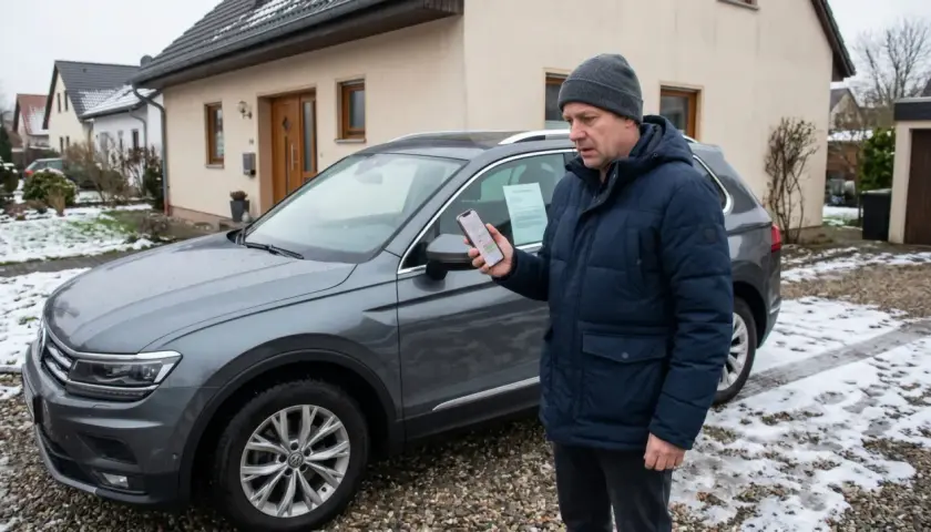 Mann mit Handy vor Auto, informiert sich über sein Widerrufsrecht beim Online-Kauf.