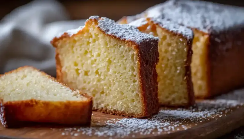 Tranches d'un délicieux gâteau moelleux saupoudré de sucre glace sur une planche en bois.