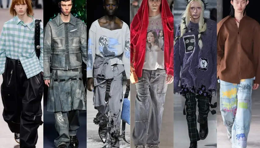 Modelos lucen atuendos con estética **grunge**: pantalones anchos, chaquetas vaqueras, prendas rasgadas y estampados llamativos.
