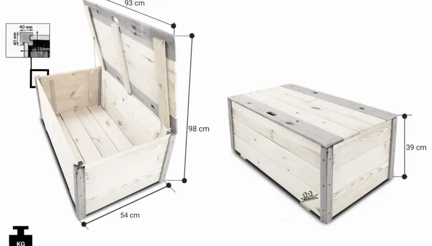 Otwarta i zamknięta drewniana skrzynia z wymiarami: 93x54x39 cm, waga 17 kg. Idealna do przechowywania.