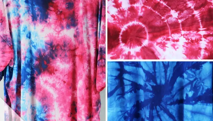 Batik-Anleitung: T-Shirt mit pink-blauen Mustern, Detailaufnahmen von roten und blauen Batik-Kreisen.