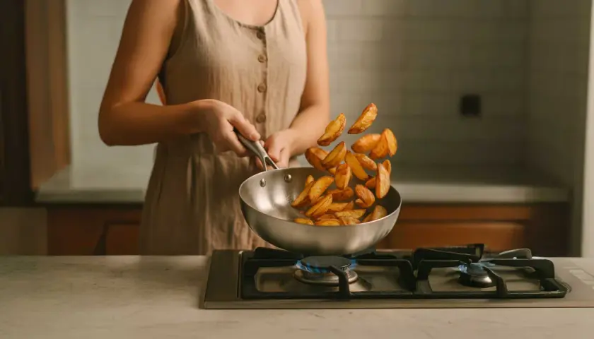 Une personne fait sauter des pommes de terre dans un poêle en inox sur le feu. Attention, le poêle en inox peut être dangereux s'il est mal utilisé.