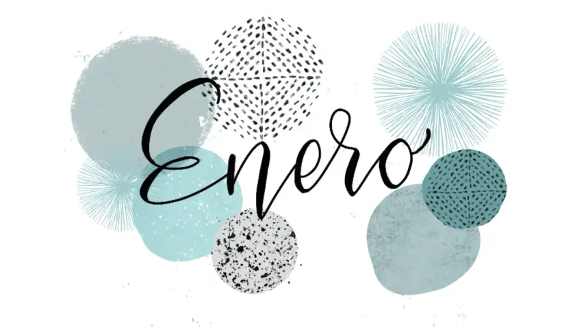 Enero con letras bonitas, rodeado de círculos y formas abstractas en tonos azules y grises.