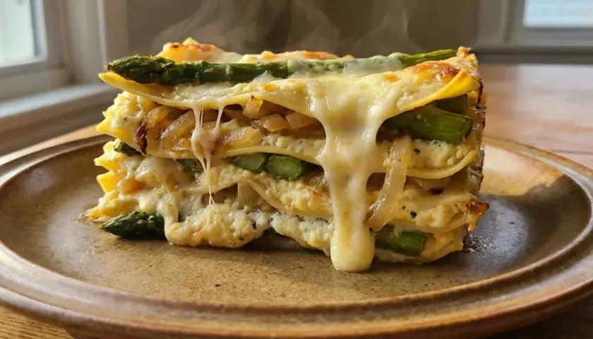 Pyszne, gorące warstwy lasagne z szparagami i ciągnącym się serem, podane na brązowym talerzu.