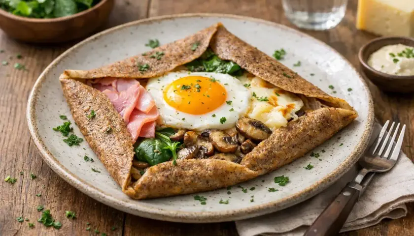Une galette garnie d'un œuf au plat, de jambon, de champignons et d'épinards. Un délice de crêpes salées !