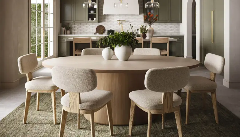 A large, light wood oval dining table with upholstered chairs, showcasing standard oval table sizes for a cozy kitchen.
