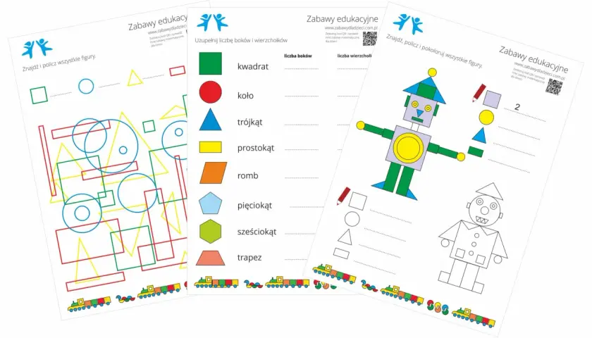 Kolorowe figury geometryczne na kartach pracy: kwadraty, koła, trójkąty, prostokąty, romby, pięciokąty, sześciokąty i trapezy.