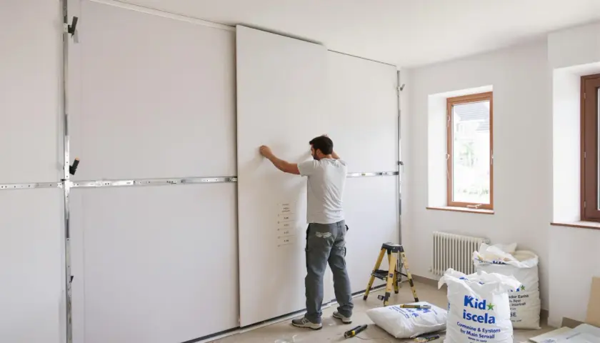 Un ouvrier installe des panneaux blancs sur une structure métallique, préparant un faux plafond. L'épaisseur du faux plafond est visible sur une note collée au panneau.