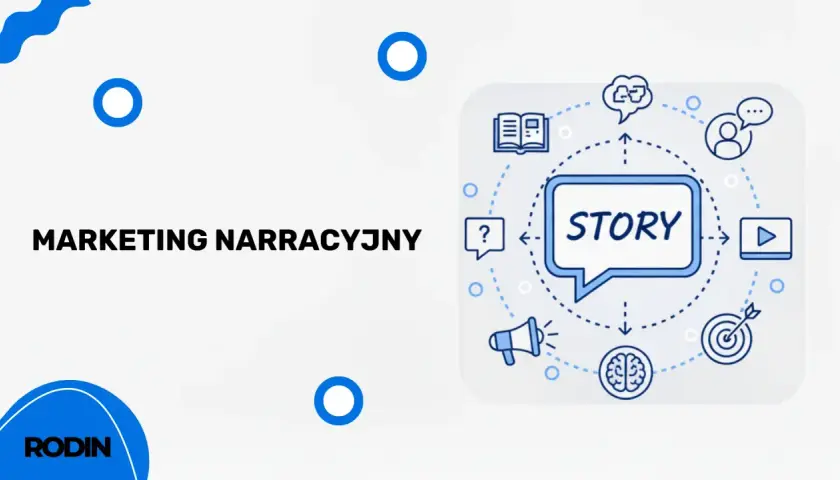 Marketing narracyjny opiera się na sile storytellingu. Ikony symbolizują książkę, mózg, cel i media.