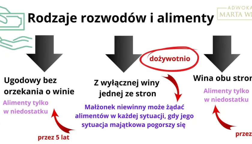 Rozwód z winy obu stron a alimenty: schemat pokazuje rodzaje rozwodów i zasady alimentacji. Wina obu stron może oznaczać alimenty tylko w niedostatku przez 5 lat.