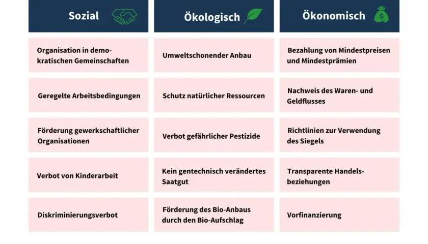 Die Tabelle zeigt, ob ist fairtrade wirklich fair: sozial (Demokratie, faire Arbeit, keine Kinderarbeit), ökologisch (Umweltschutz, keine Pestizide) und ökonomisch (faire Preise, Transparenz).