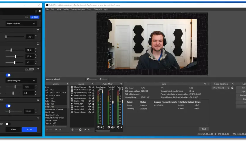 Elgato Camera Hub zeigt Einstellungen für eine Elgato Facecam, mit Optionen für Zoom, Bild und Belichtung.
