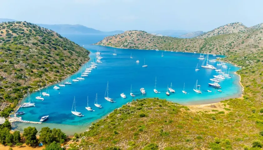 Zatoka pełna żaglówek i jachtów, z zielonymi wzgórzami w tle. Idealne miejsce na wakacje, niedaleko Bodrum lotnisko.