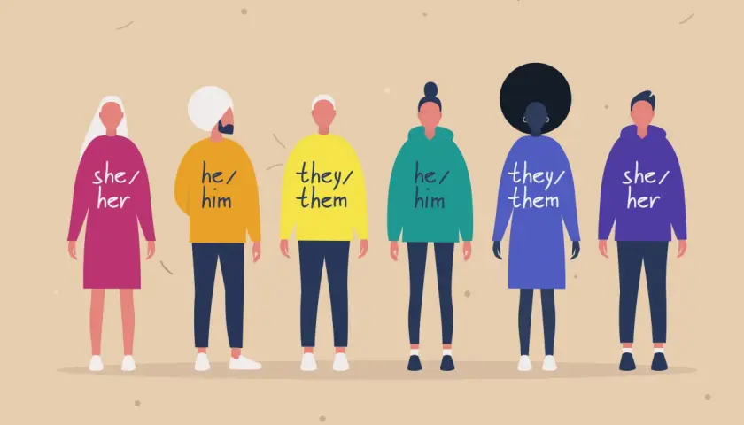 Sei persone con pronomi diversi: she/her, he/him, they/them.