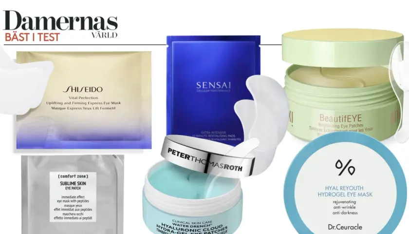 Olika eye patches för att visa hur ska eye patches sitta. Produkter från Shiseido, Sensai, Peter Thomas Roth, Pixi, Comfort Zone och Dr. Ceuracle.