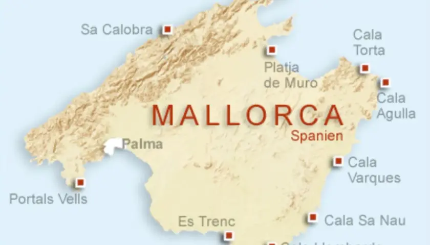 Karte von Mallorca mit markierten Orten im Osten wie Cala Figuera, Cala Torta und Cala Agulla.