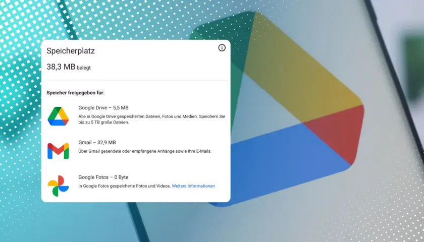 Speicherplatzanzeige: 38,3 MB belegt, davon 32,9 MB für Gmail. Der google speicher voll ist noch nicht erreicht.