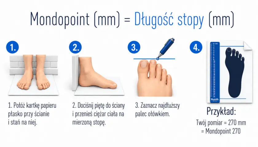 Instrukcja mierzenia długości stopy: postaw stopę na kartce przy ścianie, dociśnij piętę, zaznacz najdłuższy palec. Twój rozmiar stopy to Mondopoint 270 mm.
