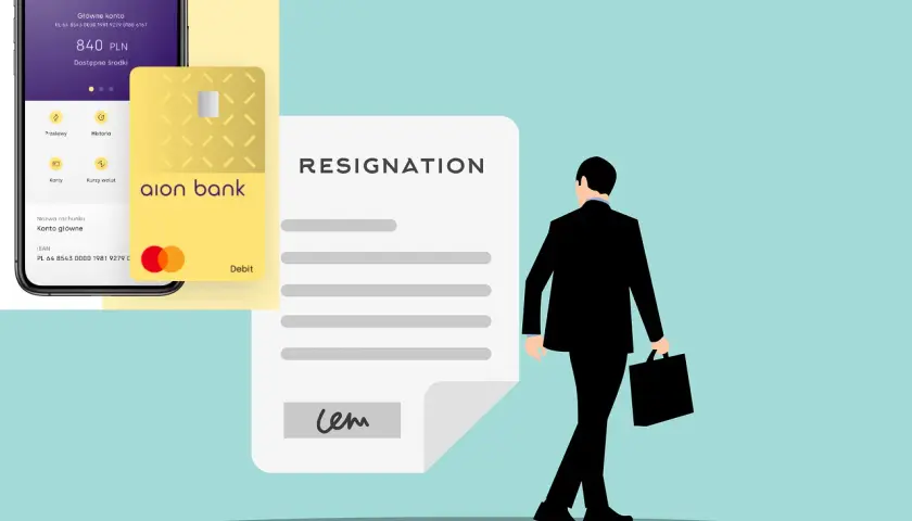 Mężczyzna w garniturze odchodzi z dokumentem "RESIGNATION", obok widoczny telefon i karta z logo aion bank.