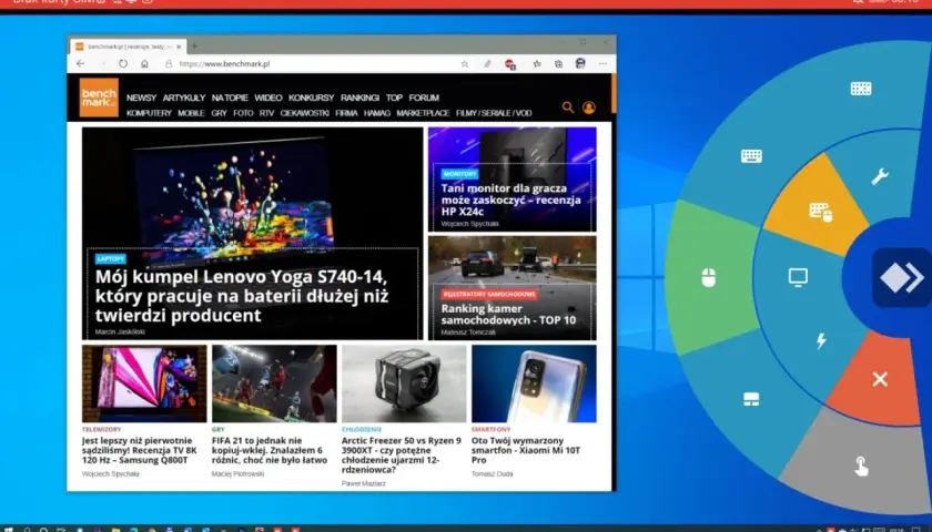 Strona benchmark.pl z recenzjami sprzętu. W tle okno z ikonami, przypominające menu AnyDesk.