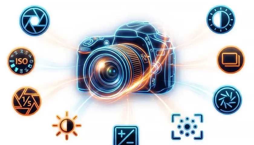 Stylizowana fotografia produktowa aparatu z ikonami ustawień: przysłona, ISO, balans bieli, ekspozycja, tryby fotograficzne.