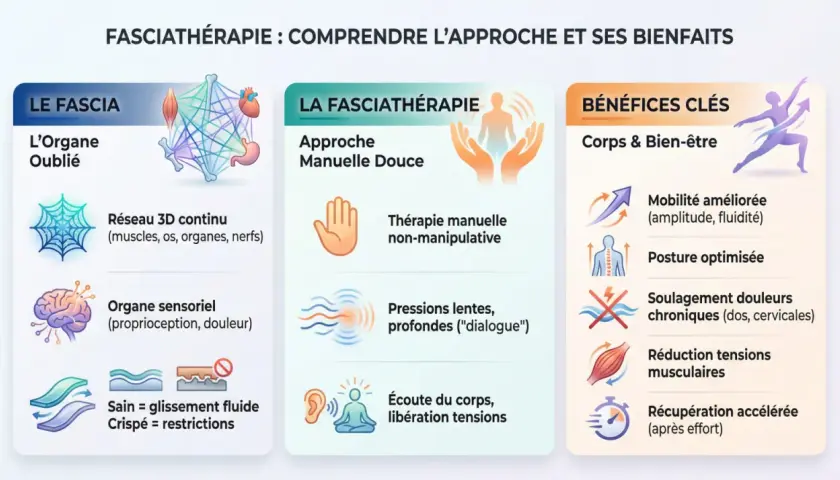 Infographie expliquant la fasciathérapie : son approche manuelle douce, le rôle du fascia comme réseau 3D et organe sensoriel, et ses bénéfices clés pour le corps et le bien-être.