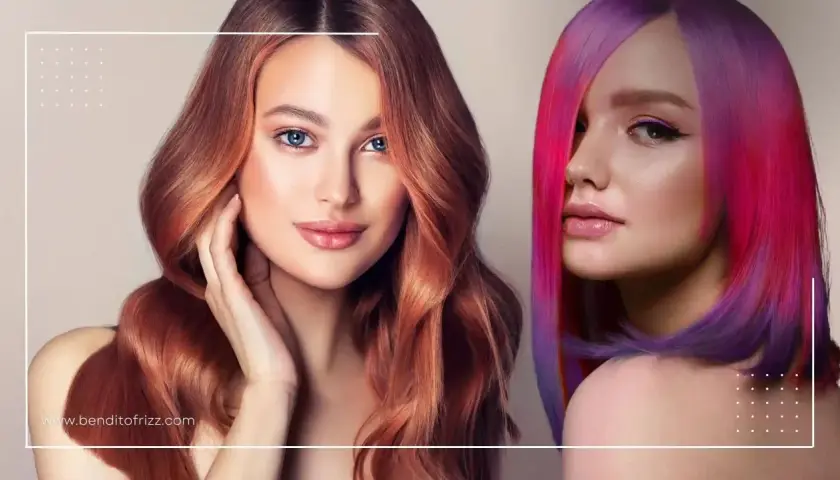 Dos mujeres muestran diferentes tonos de pelo: una con un castaño cobrizo y otra con un degradado vibrante de fucsia y morado.