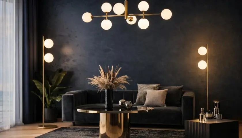 Elegante salón con lámparas bombillas decorativas doradas, sofá oscuro y mesa de centro dorada.