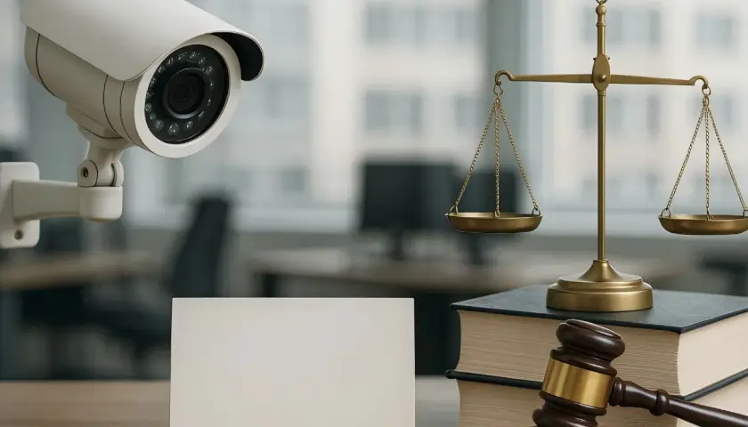 Une caméra de surveillance, une balance de la justice et un maillet de juge sur des livres. La question se pose : doit on déclarer une caméra de surveillance ?