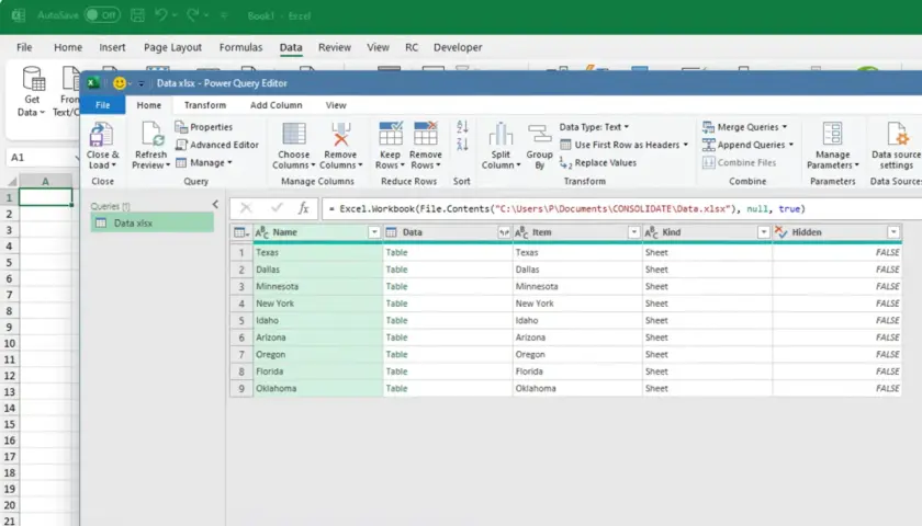 Editor Power Query di Excel mostra come unire più file Excel in uno, con dati di stati e fogli.