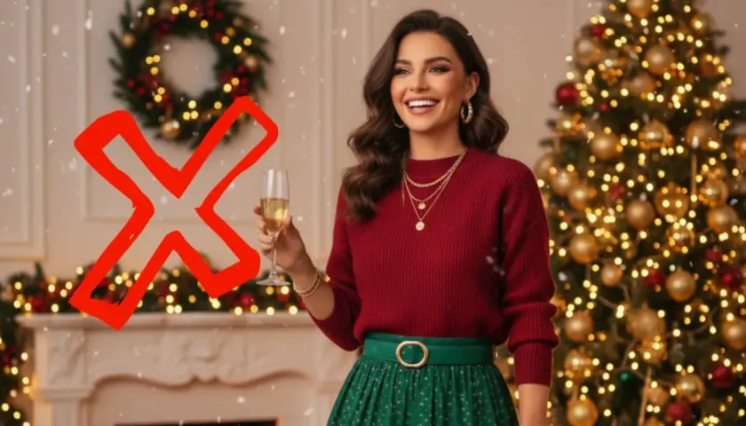 Mujer sonriente con copa de champán, vestida con suéter rojo y falda verde. El **rojo y verde combinan** perfectamente con la decoración navideña.