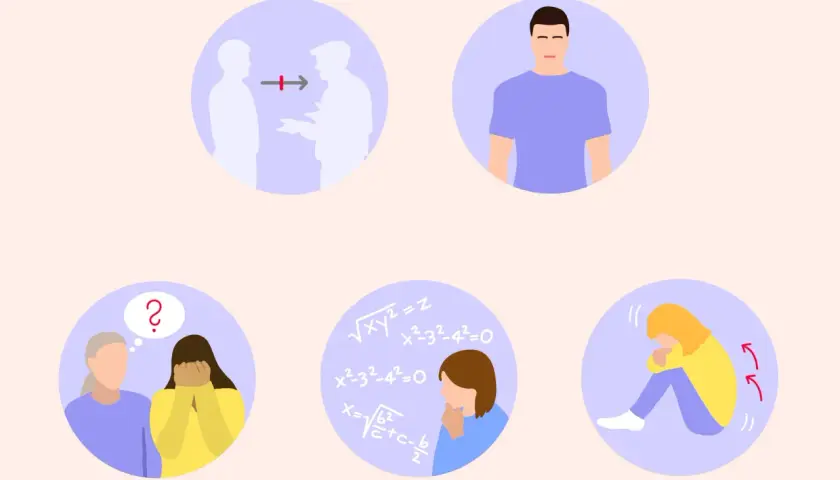 Illustrationen, die Herausforderungen im sozialen Umgang, Einsamkeit und mathematische Formeln zeigen, thematisieren das Asperger Syndrom bei Erwachsenen.