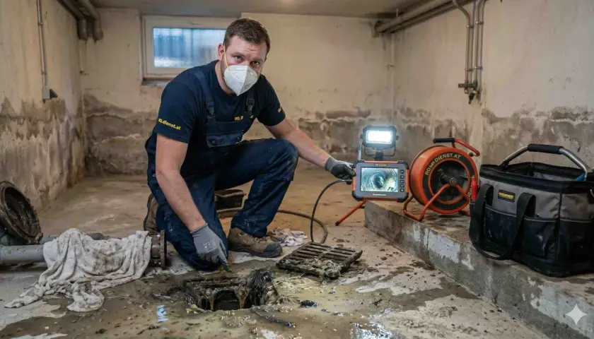 Klempner untersucht verstopften Kellerabfluss mit Kamera. Der Kellerabfluss stinkt und ist voller Haare und Schmutz.