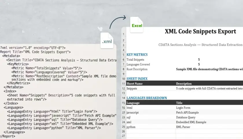 Un file .xml che mostra l'esportazione di snippet di codice, con un'icona di Excel che indica l'apertura del file.