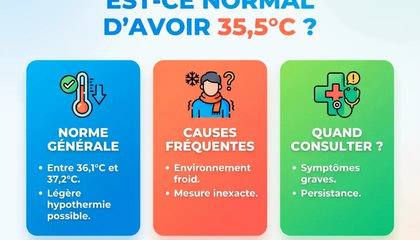 Infographie sur la température normale du corps. Elle explique les normes générales, les causes fréquentes d'une température basse (comme le froid) et quand consulter un médecin.