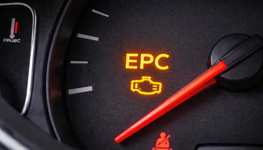 Świecąca kontrolka EPC na desce rozdzielczej Škoda Fabia sygnalizuje problem z silnikiem.
