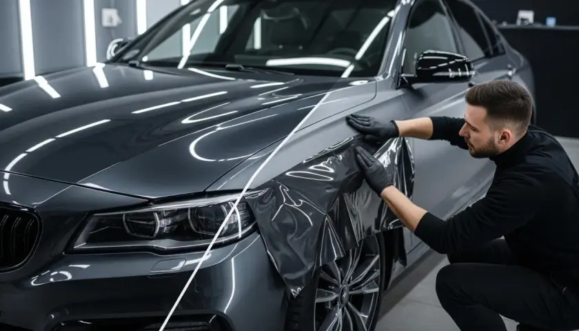 Un professionista applica una pellicola per cambiare colore auto, trasformando la carrozzeria grigia.