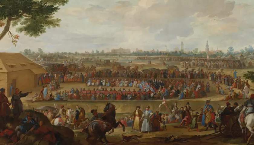 Obraz przedstawia historyczną scenę elekcji króla Polski z licznym zgromadzeniem ludzi, namiotami i pałacem w tle.