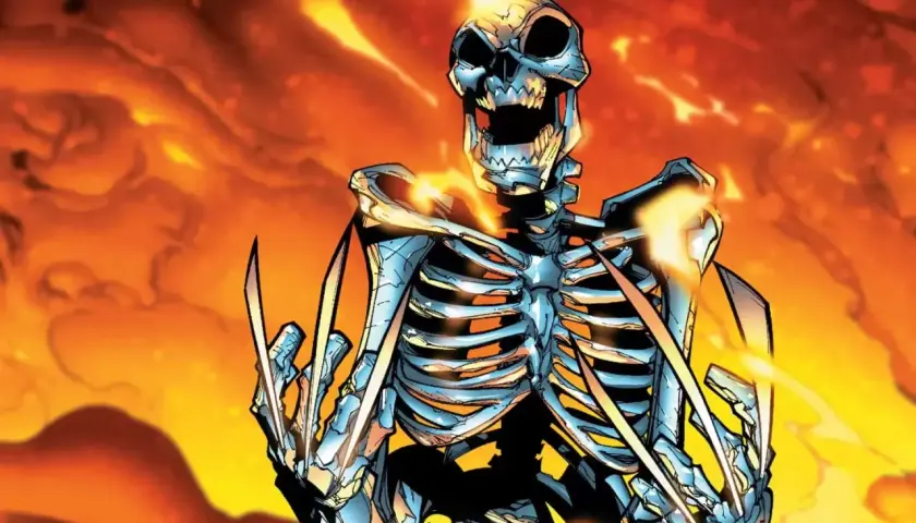 Un squelette wolverine aux griffes acérées émerge des flammes ardentes, prêt à l'attaque.