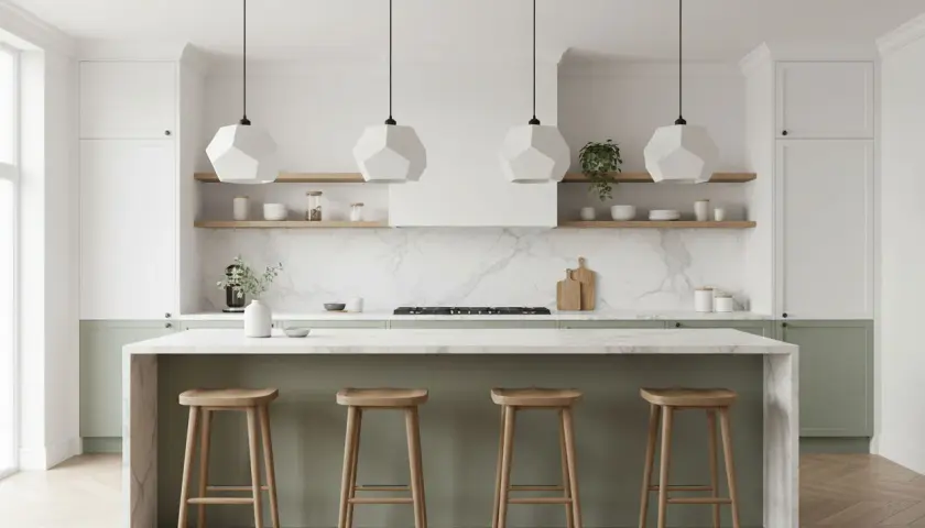 Cuatro lámparas colgantes geométricas blancas iluminan una isla de cocina moderna con taburetes de madera.