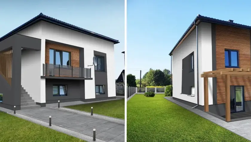 Nowoczesna elewacja starego domu z drewnianymi elementami i balkonem.