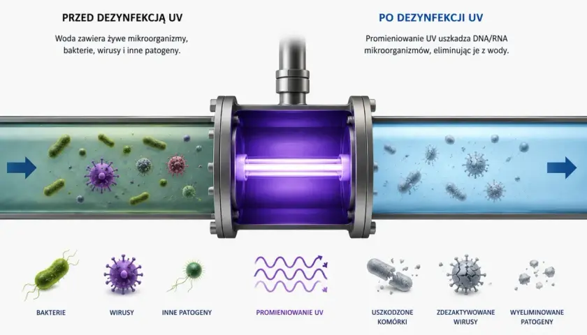 Ilustracja pokazuje, jak promieniowanie UV niszczy bakterie i wirusy w wodzie, czyniąc ją bezpieczną. Czy lampa UV jest szkodliwa? Nie dla wody, ale dla patogenów.