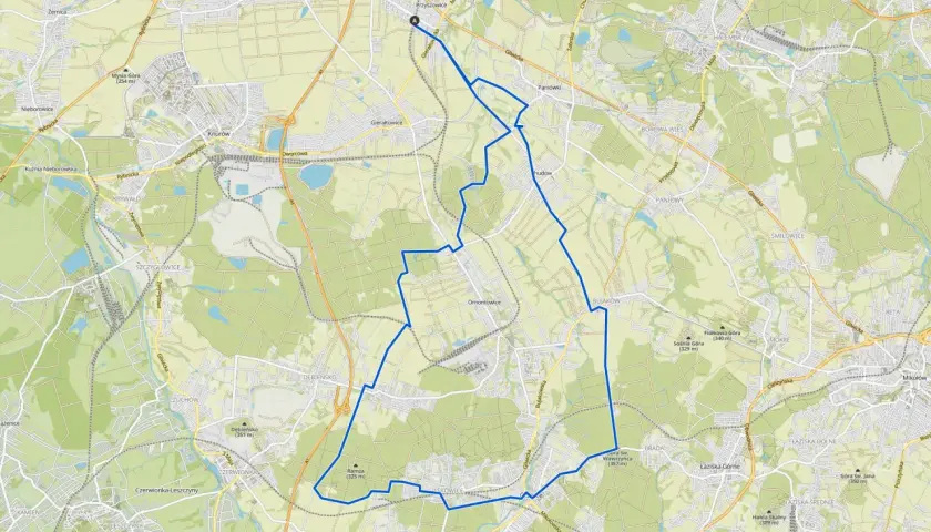 Mapa z zaznaczoną trasą rowerową wokół Rudy Śląskiej.