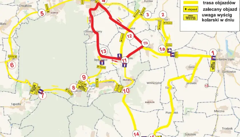 Mapa z trasą wyścigu kolarskiego i objazdami. Nowa osuchowa dojazd zaznaczona żółtą linią, z numerowanymi punktami i tabliczkami "Objazd".