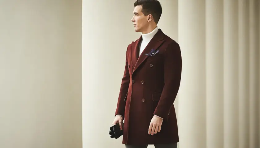 Elegancki mężczyzna w bordowej budrysówce i białym golfie, z czarnymi rękawiczkami w dłoni, pozuje na tle kolumn.