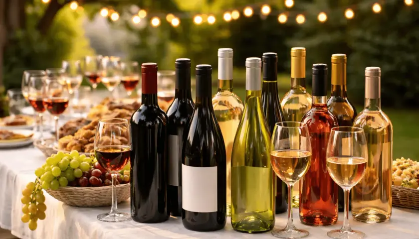 Une belle table dressée pour une fête en plein air, avec de nombreuses bouteilles de vin et des verres. Combien de bouteilles de vin pour 30 personnes ?