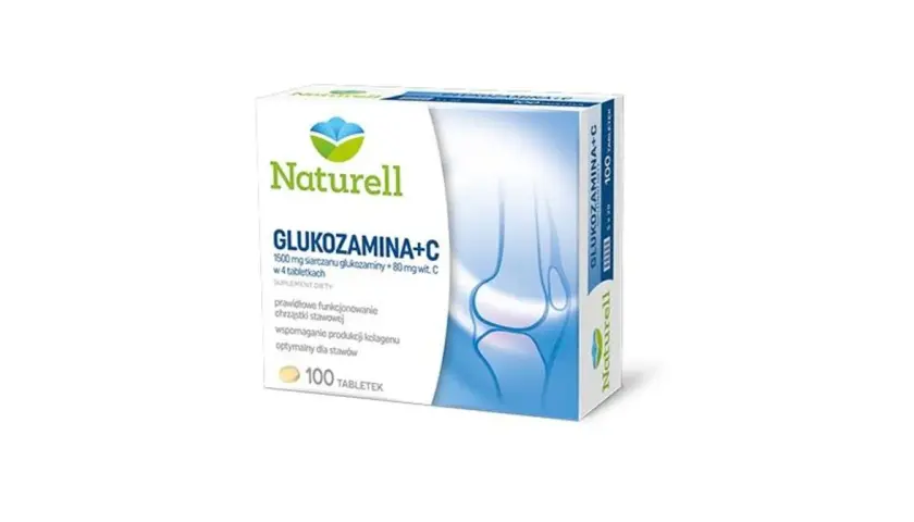 Opakowanie suplementu diety Naturell Glukozamina+C, wspierające prawidłowe funkcjonowanie chrząstki stawowej i produkcję kolagenu. 100 tabletek.