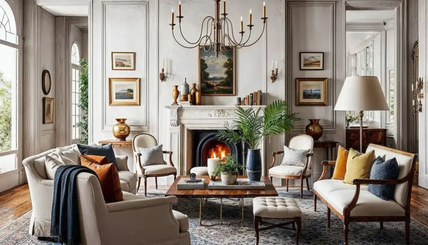 A living room with a fireplace, plush seating, and artwork evokes a sophisticated royal core aesthetic.